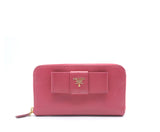 Prada Pink Saffiano Peonia Fiocco Bow Zip Around Wallet