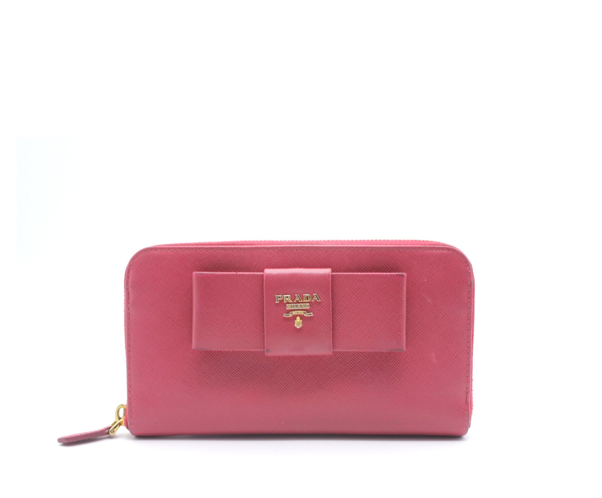 Prada Pink Saffiano Peonia Fiocco Bow Zip Around Wallet