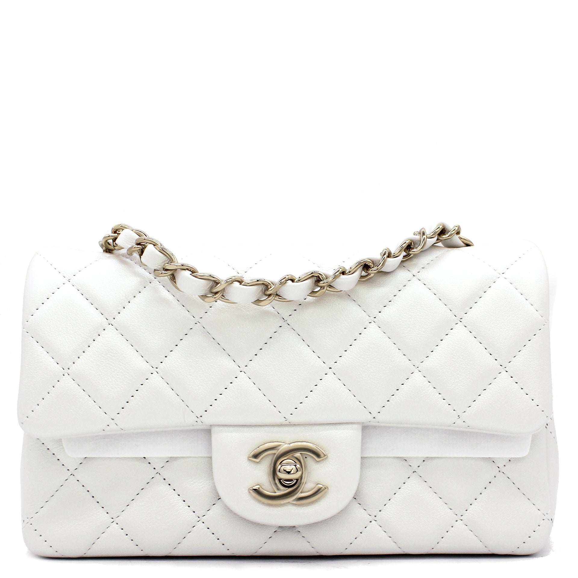 White Quilted Lambskin Mini Flap Bag with Pearl Crush Chain Pale Gold  Hardware, 2023