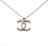 Chanel Silver Crystal Cc Logo On Both Side Necklace