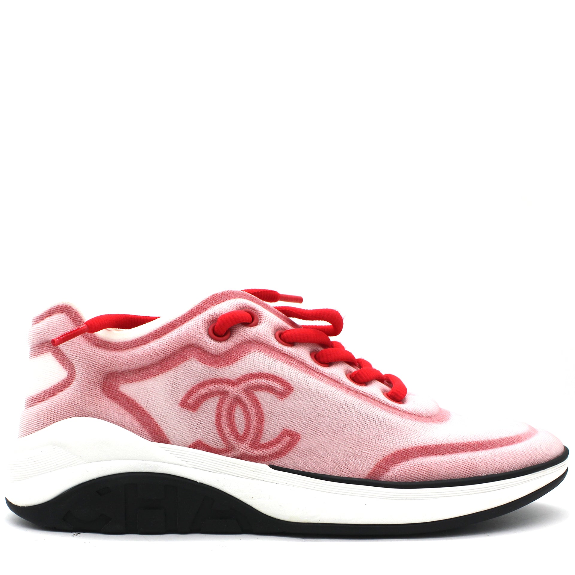 Chanel White/Red Neoprene Leather CC Logo Lace Up Sneaker 37