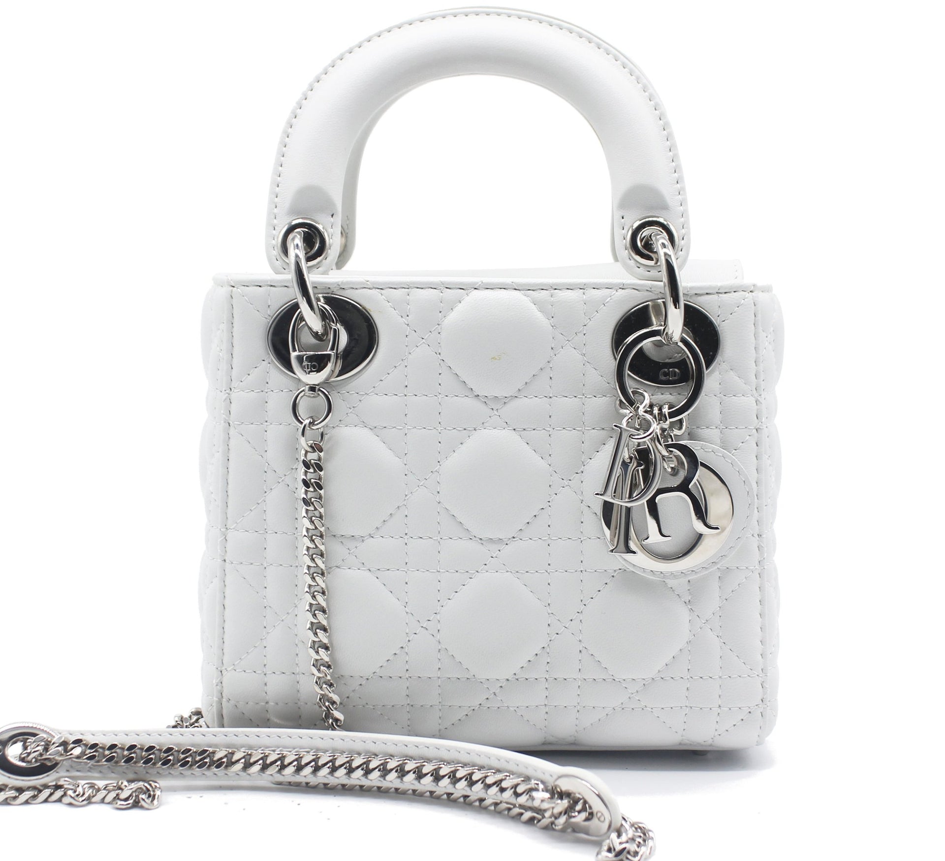 Dior Mini Lady Dior with Chain in White Lambskin Leather