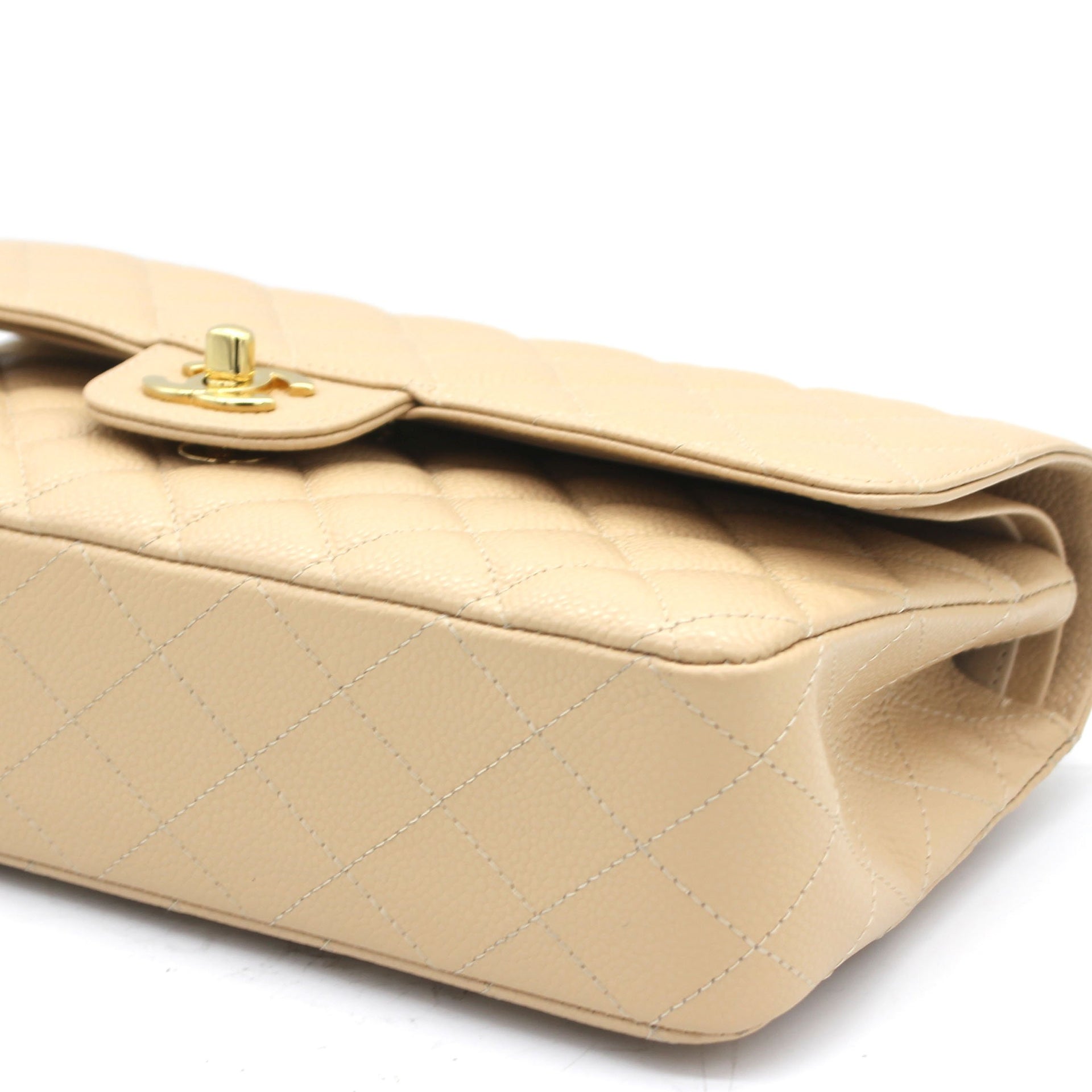 Beige Quilted Caviar Leather Classic Double Flap Bag
