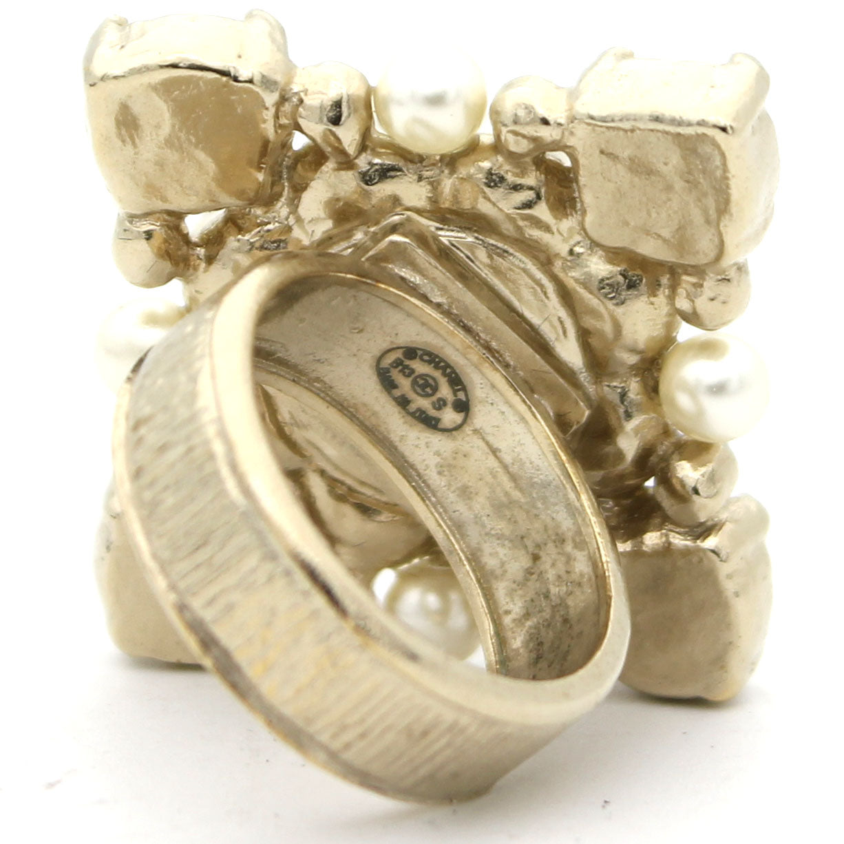 Pale Gold Tone Faux Pearl CC Ring 52