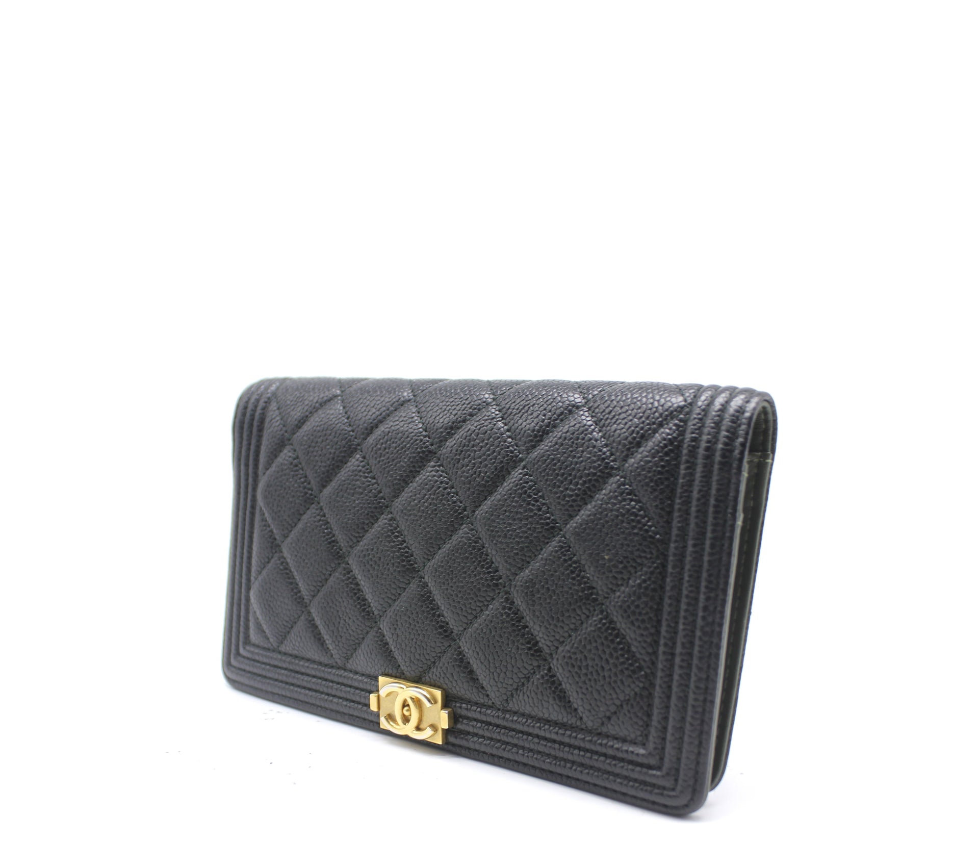 Chanel Boy Zip Around Coin Purse Wallet Quilted Caviar Gold-Tone Black