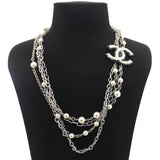 CC Faux Pearl Crystal Silver Tone Long Necklace