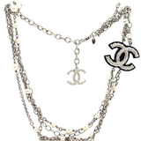 CC Faux Pearl Crystal Silver Tone Long Necklace