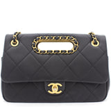 Black Quilted Smooth Calfskin Leather Jumbo Chain Detail Handle Flap Bag