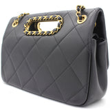 Black Quilted Smooth Calfskin Leather Jumbo Chain Detail Handle Flap Bag