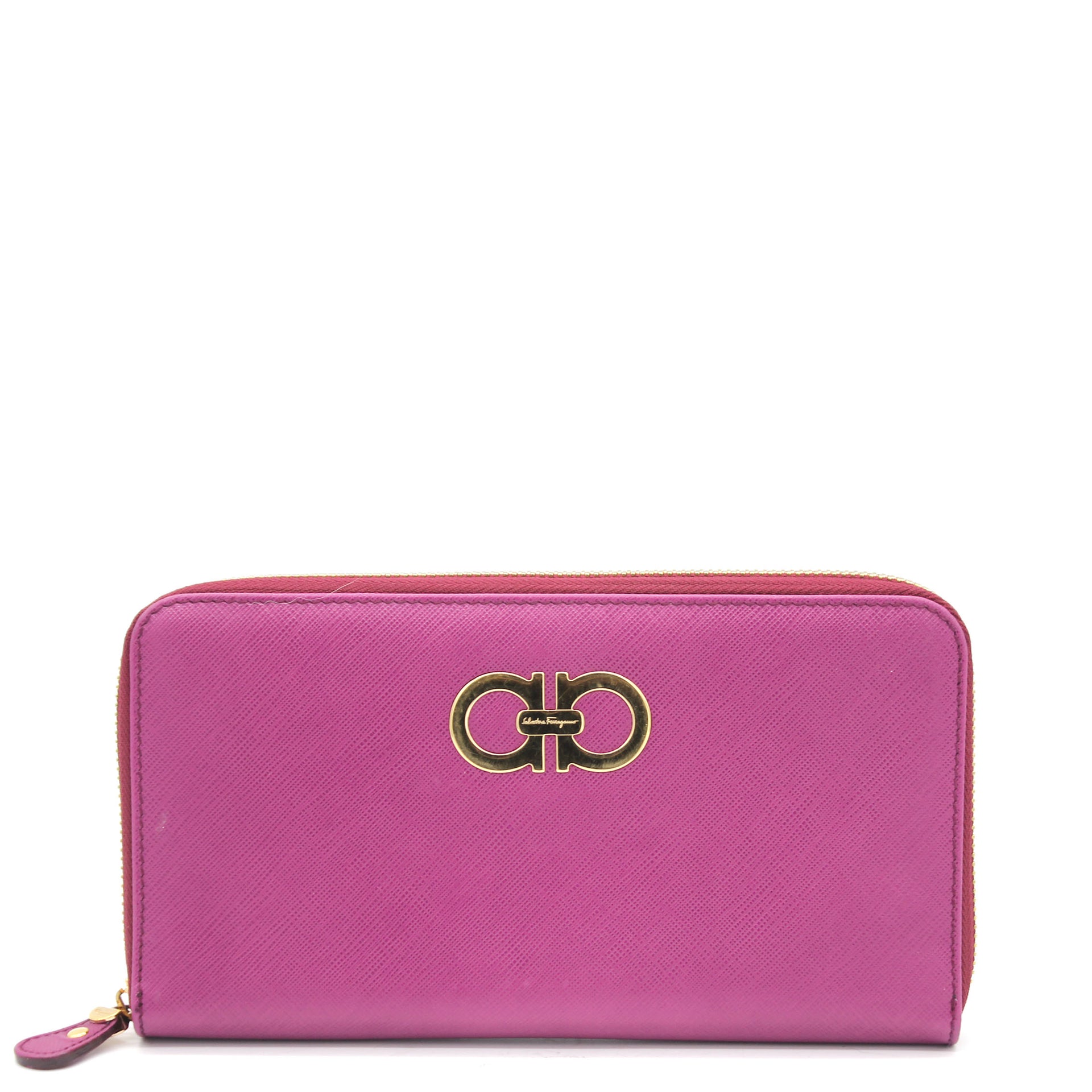 Pink Leather Double Gancio Zip-Around Wallet