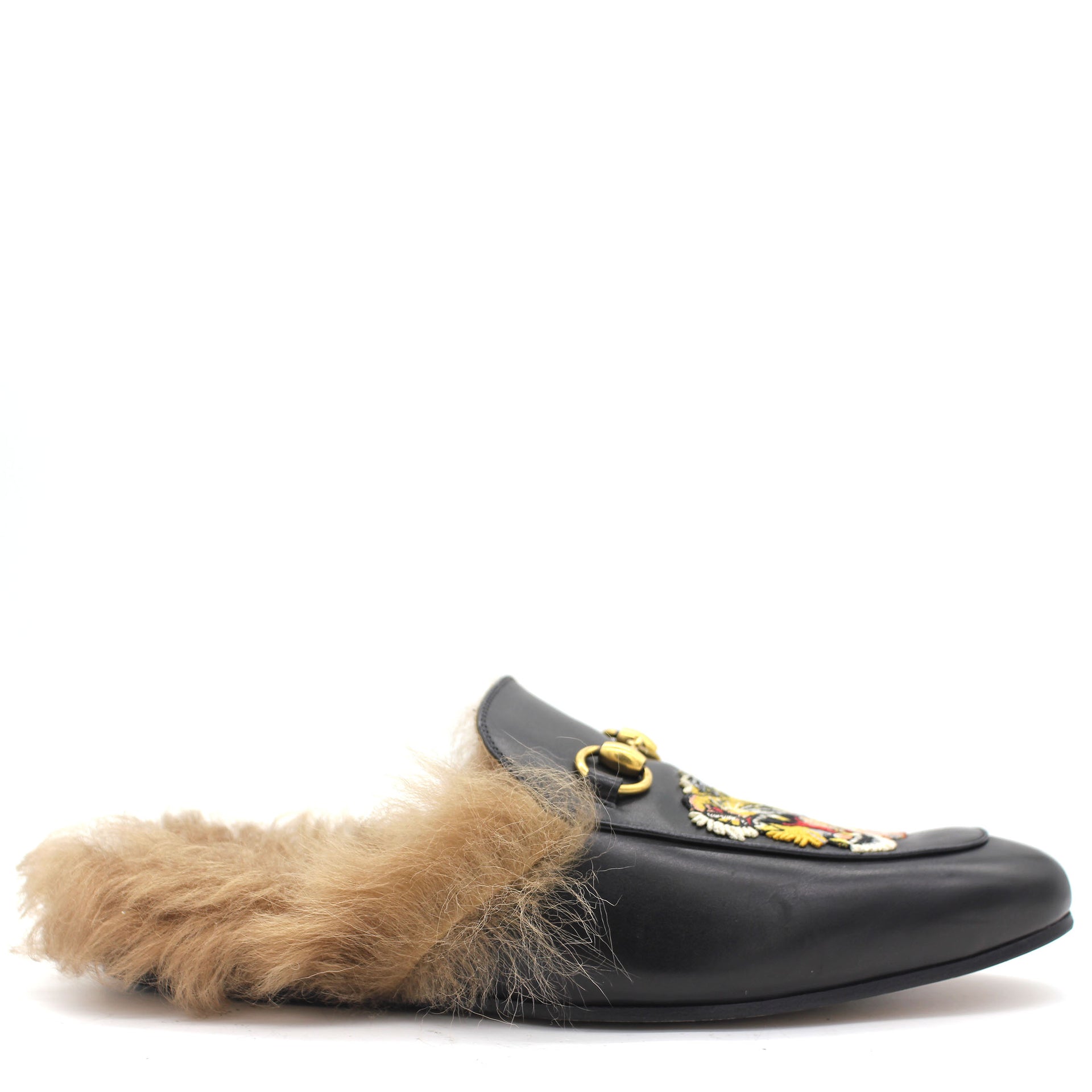 Gucci Embroidered Leather and Fur Lined Princetown Mules 9 –