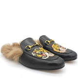 Black Lion Embroidered Leather and Fur Lined Princetown Mules Men 9