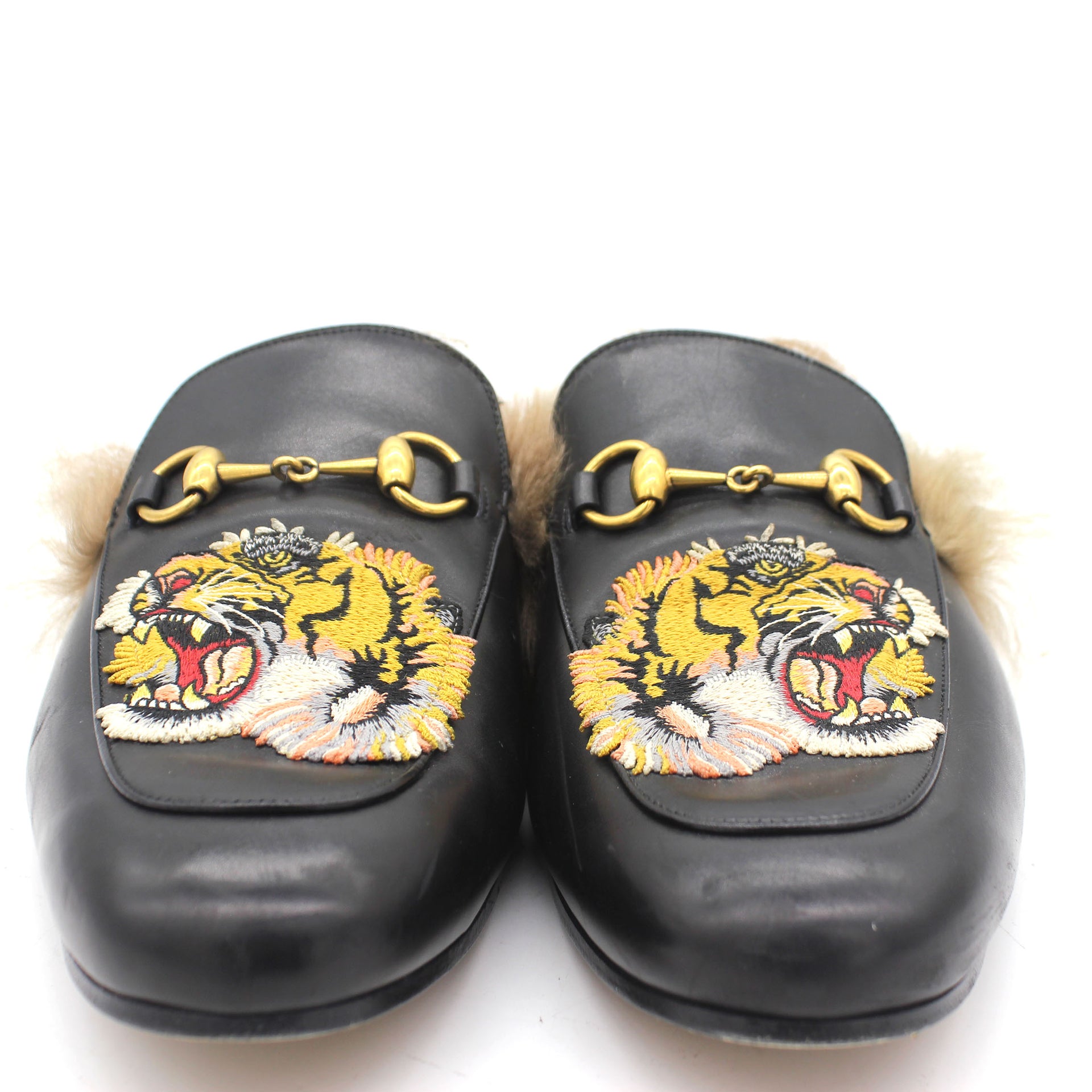 Black Lion Embroidered Leather and Fur Lined Princetown Mules Men 9