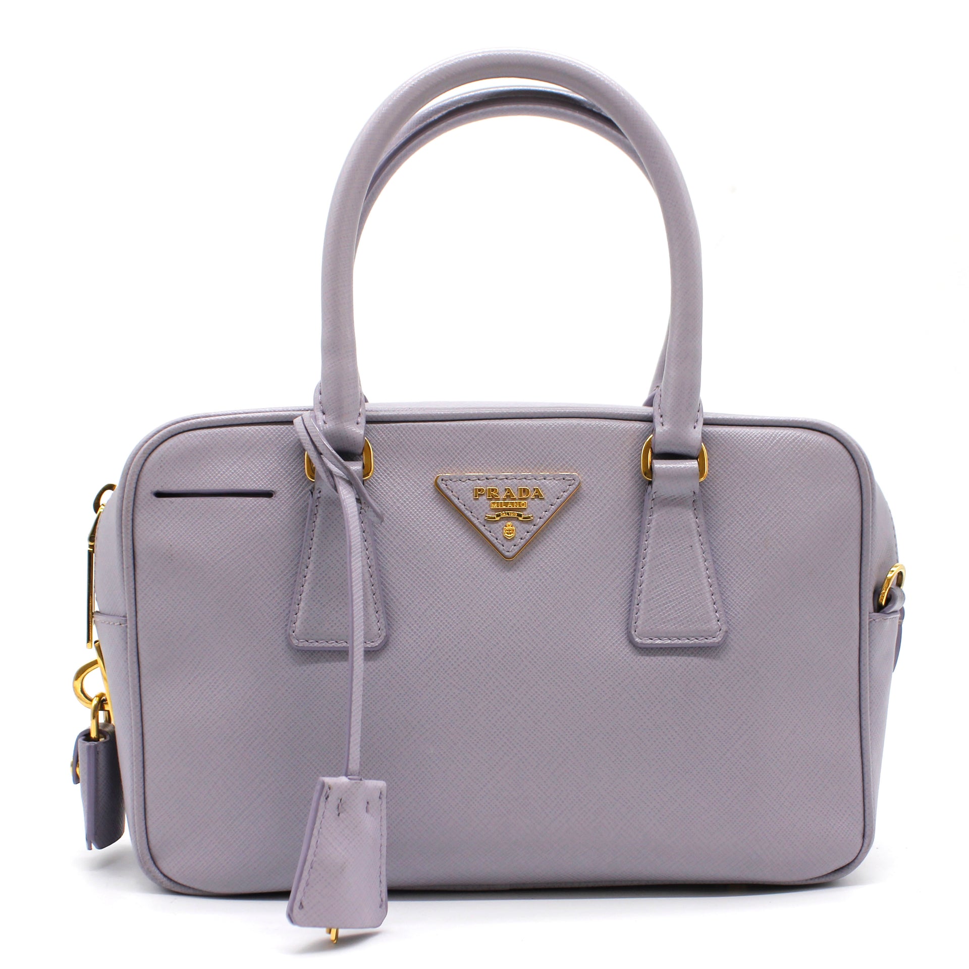 Rare Prada Bauletto Saffiano Lux Handbag Cert. of Authenticity Two-Tone Gray