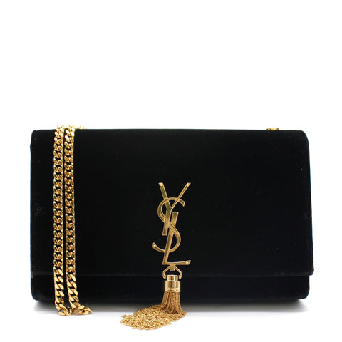 Saint Laurent Velvet Medium Monogram Kate Tassel Shoulder Bag Black