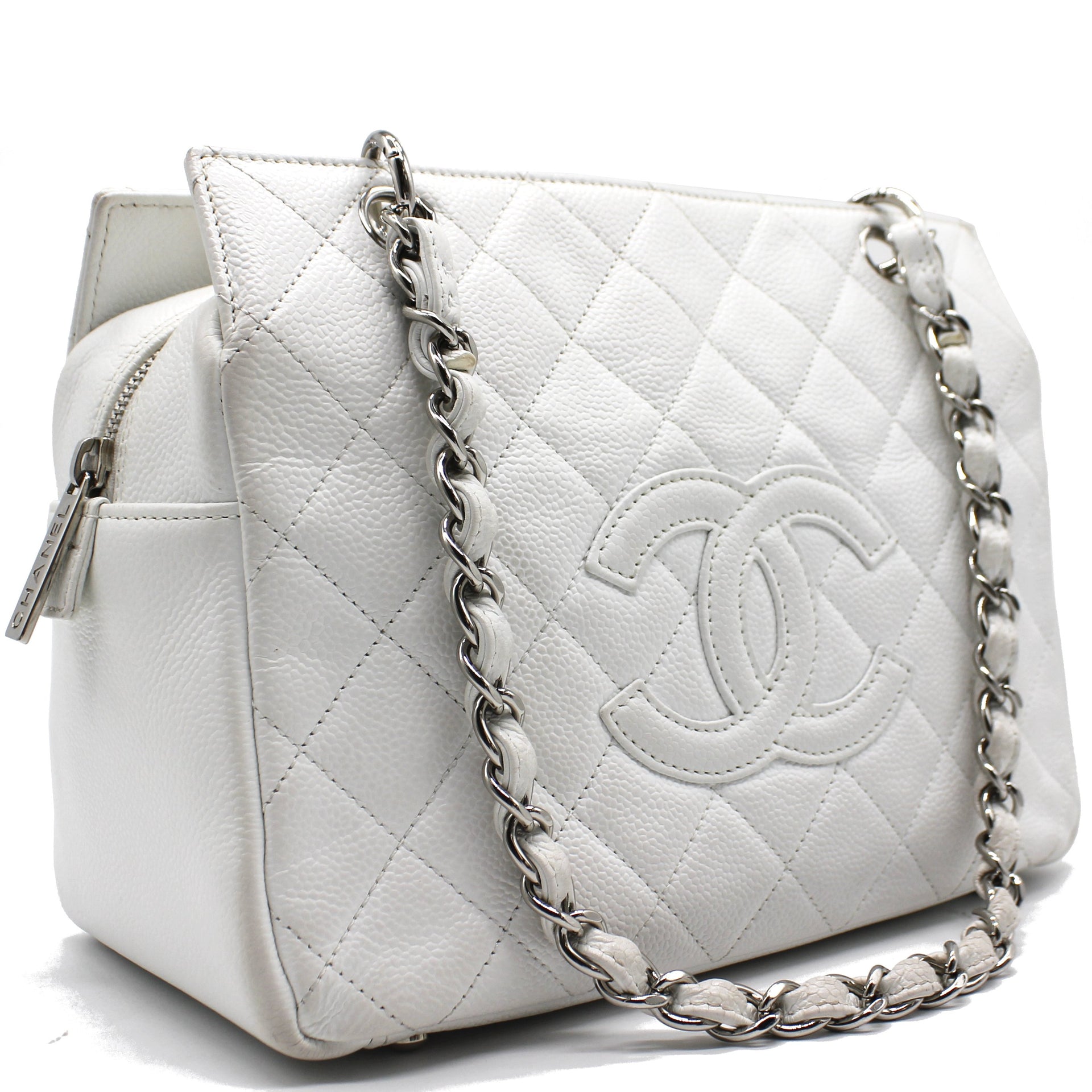 CHANEL Caviar Skin Tote Bag Leather White CC Auth 28380A