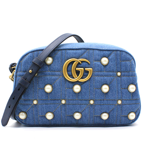 Gucci Denim Matelasse Pearl Studded Small GG Marmont Chain Shoulder Bag Blue