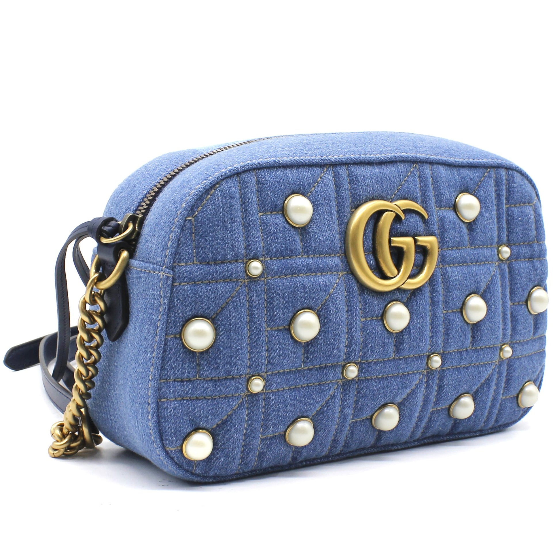 Gucci Denim Matelasse Pearl Studded Small GG Marmont Chain Shoulder Bag Blue