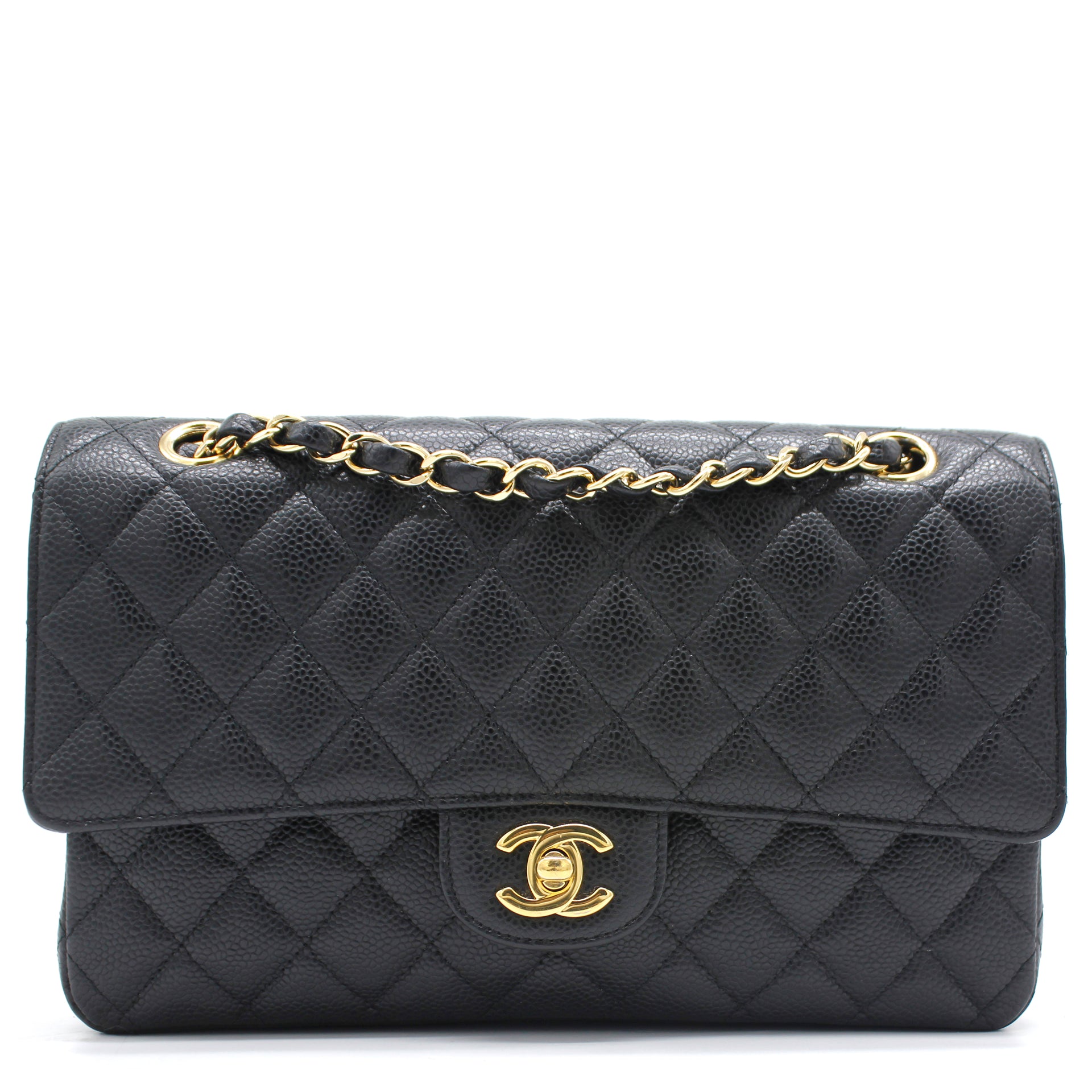 Chanel Classic Black Quilted Caviar Leather Classic Medium Double