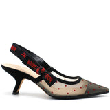 J'ADIOR Slingback in Nude and Red Dotted Swiss and Rhinestone