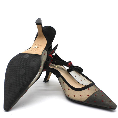 J'ADIOR Slingback in Nude and Red Dotted Swiss and Rhinestone