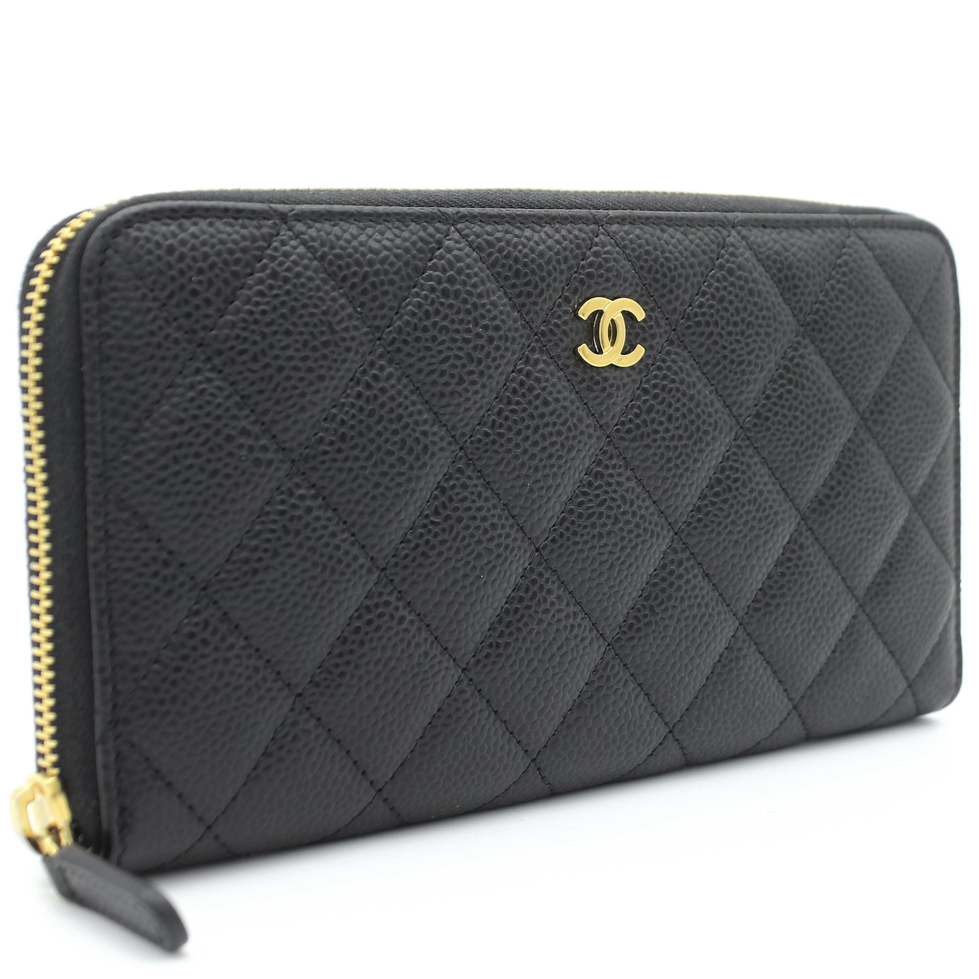 CHANEL Black Large Gusset Zip Around Wallet Quilted Caviar Leather
