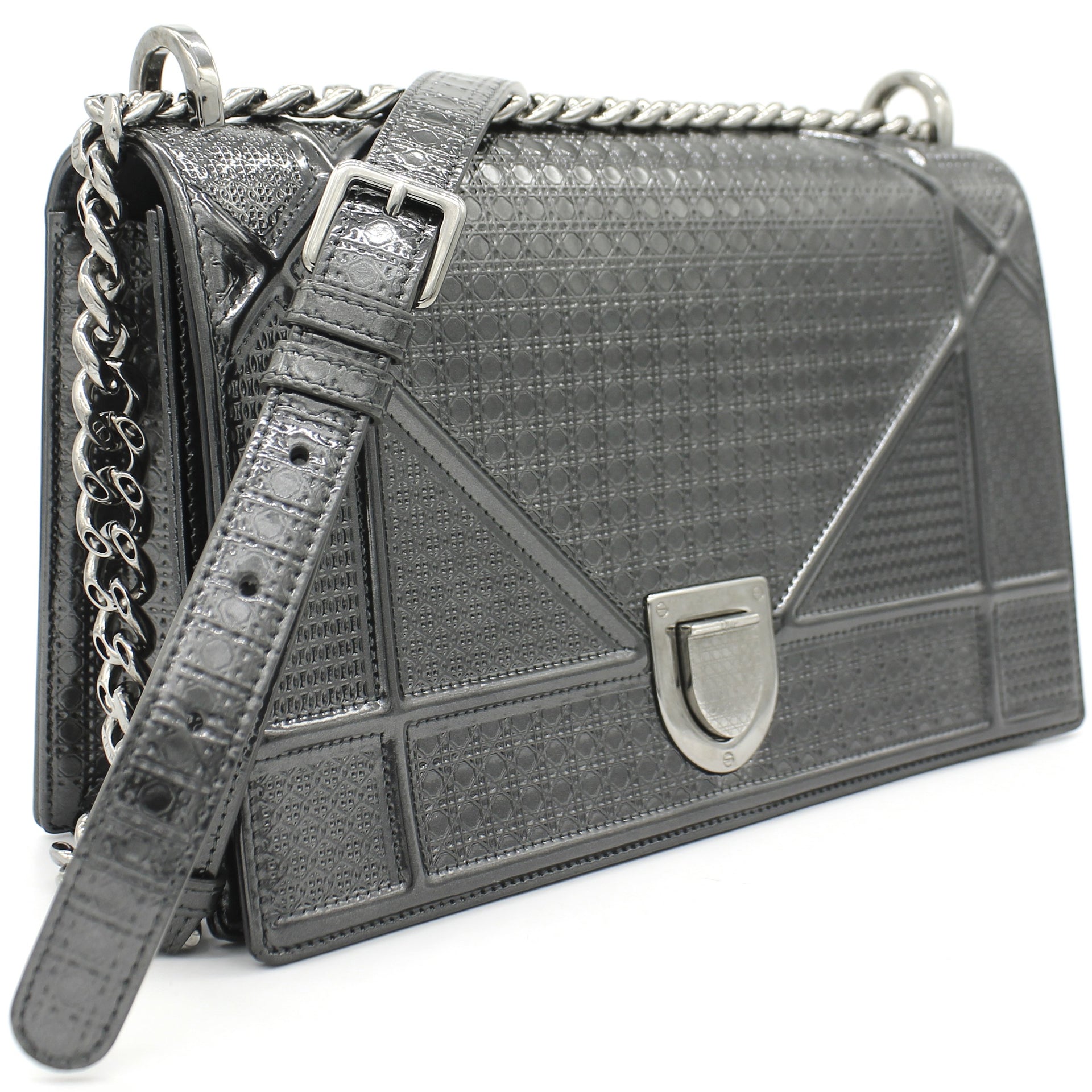 Dior Metallic Patent Micro Cannage Medium Diorama Flap Bag Silver 