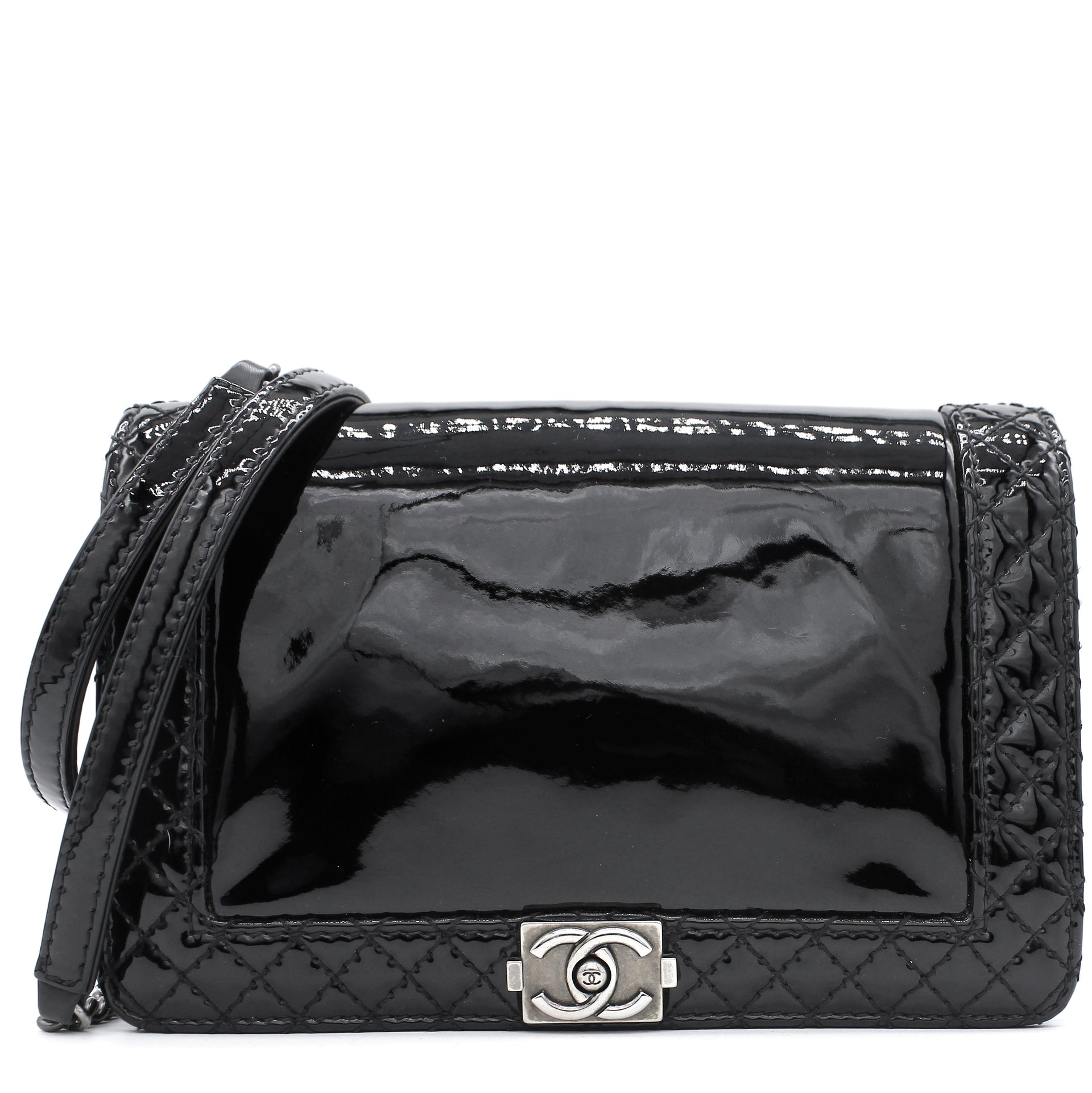 Patent Calfskin Quilted Boy Wallet On Chain WOC Black