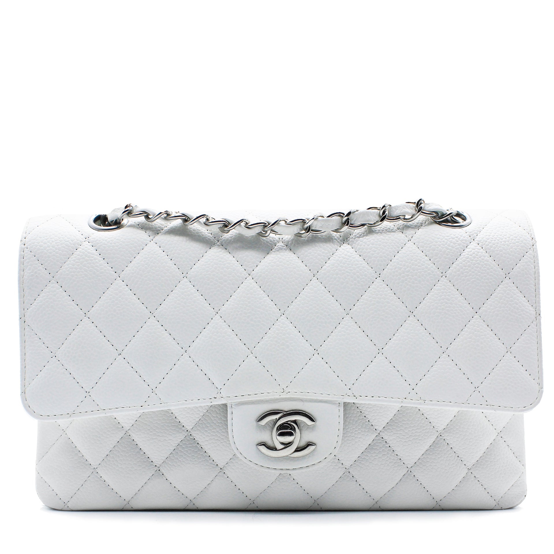 White Quilted Caviar Classic Double Flap Medium