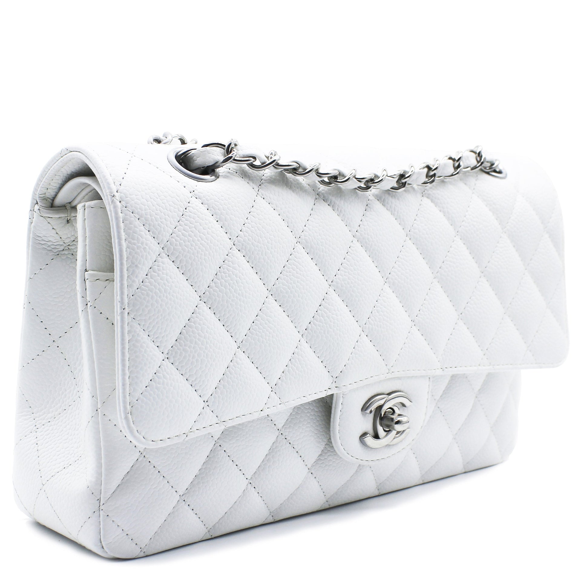 Chanel White Quilted Caviar Leather Classic Double Flap Bag