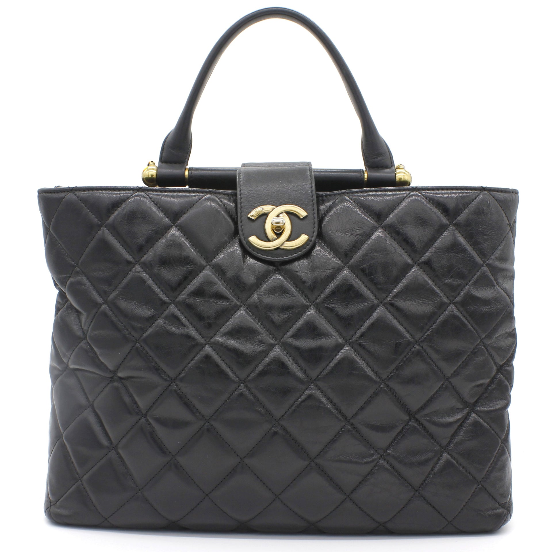 Quilted Calfskin Handle Shopping Tote Black