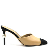 Beige/Black CC Faux Pearl Embellished Heel Slip On Mules