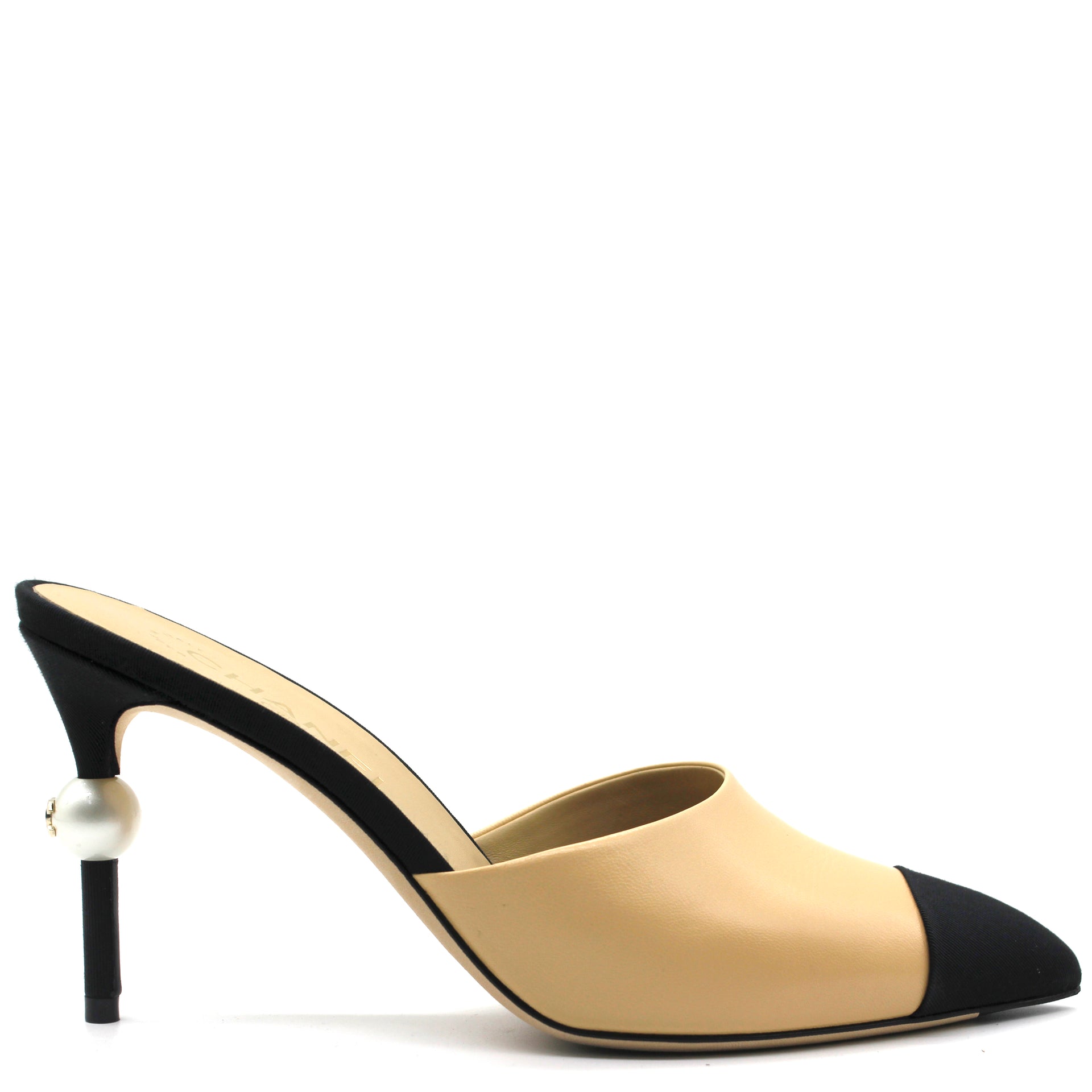 Chanel classic pearl mules heels EU355 Black Cream Leather ref134378   Joli Closet