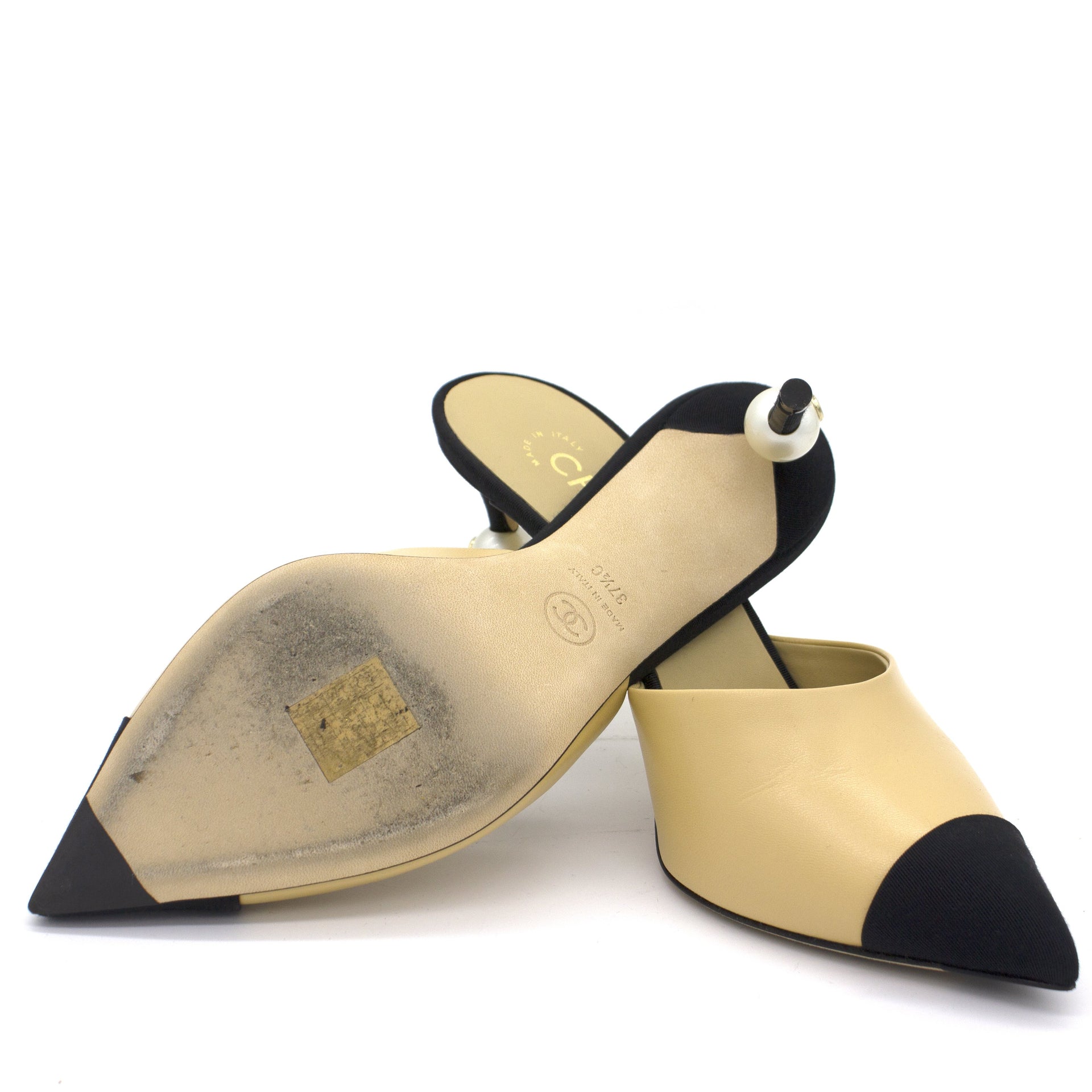 Chanel Beige/Black CC Faux Pearl Embellished Heel Slip On Mules