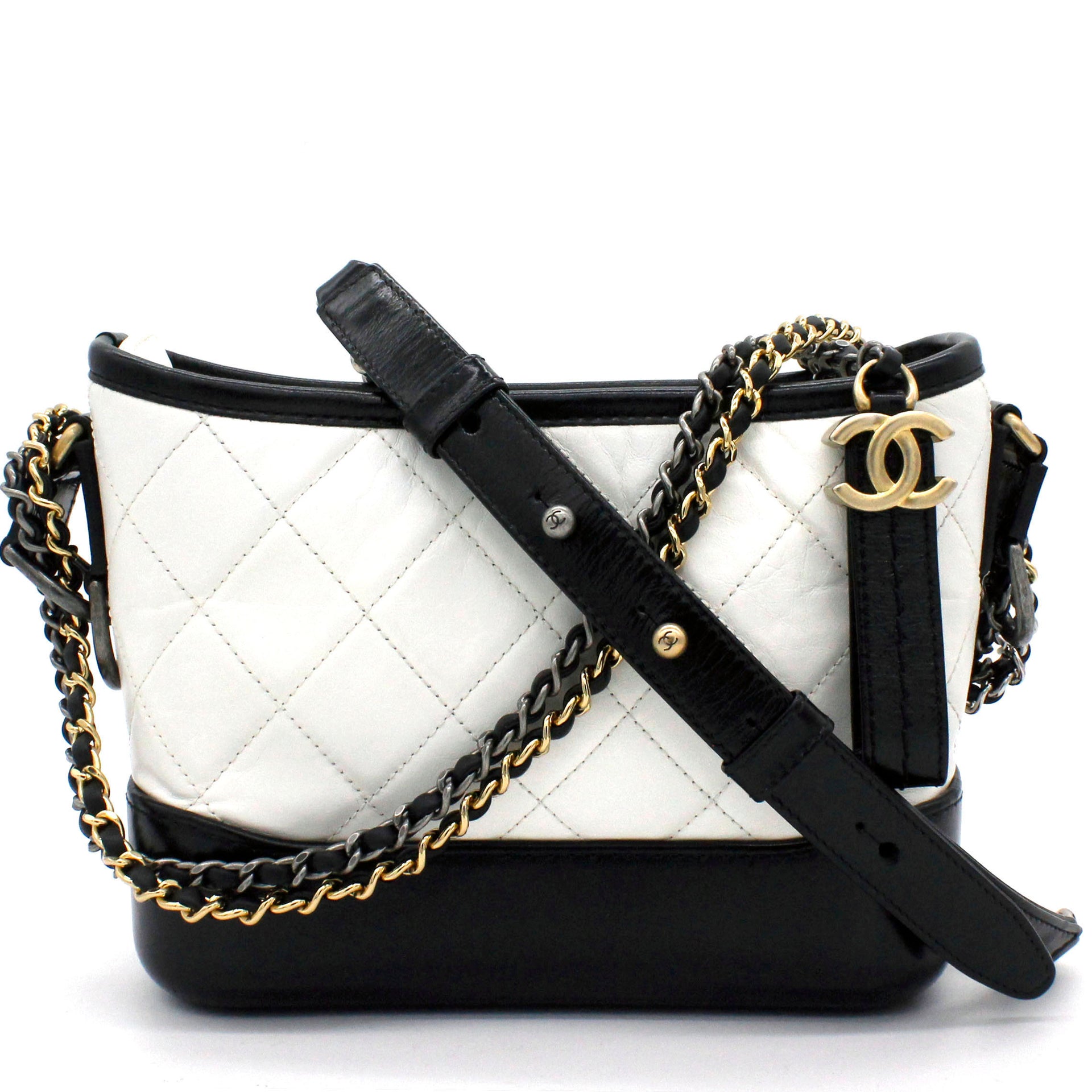 CHANEL Aged Calfskin Quilted Small Gabrielle Hobo Black White 1277783