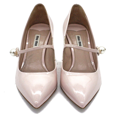 Faux Pearl-embellished Patent-leather Mary Jane Pumps