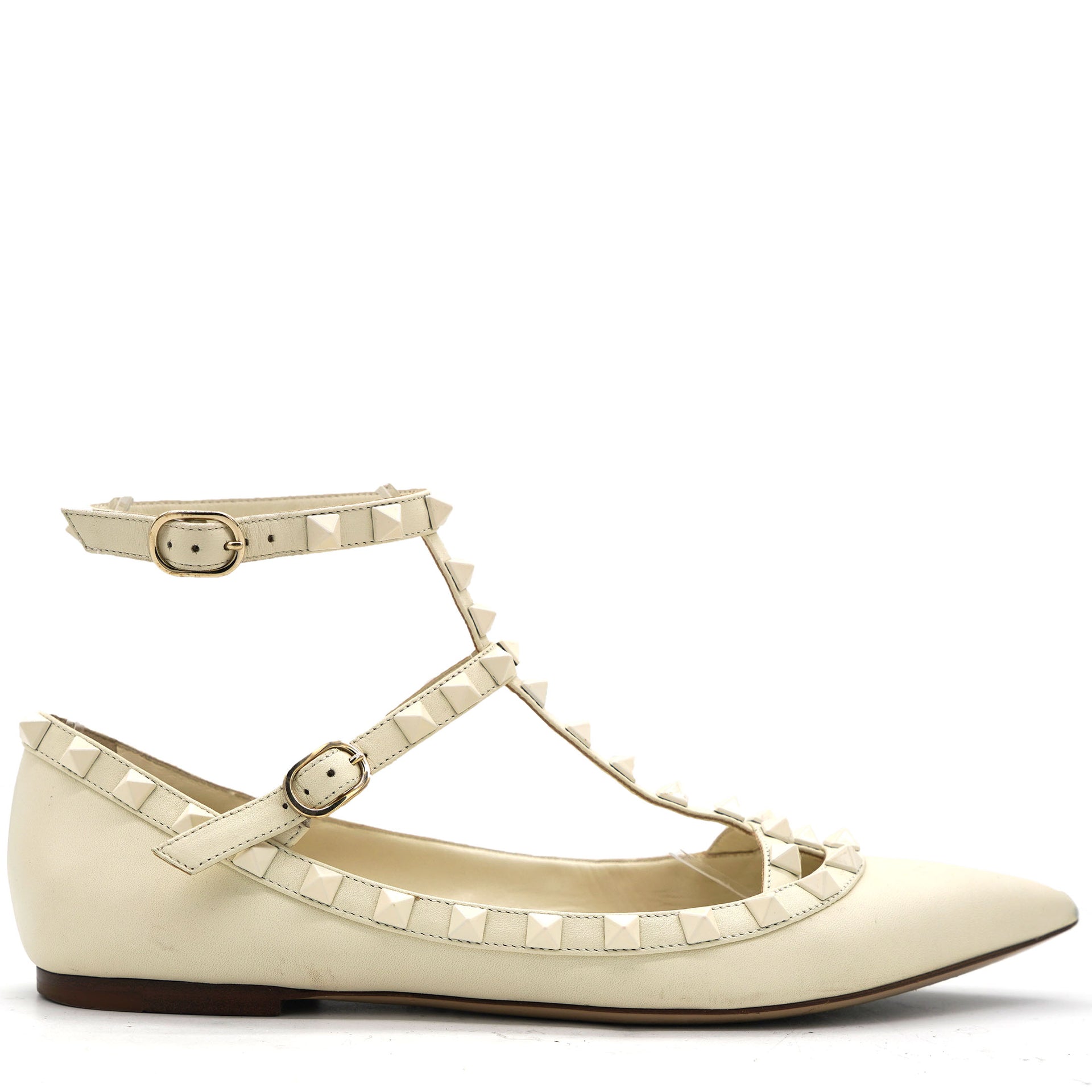 Cream Leather Rockstud Ankle Strap Ballet Flats 38