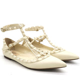 Cream Leather Rockstud Ankle Strap Ballet Flats 38