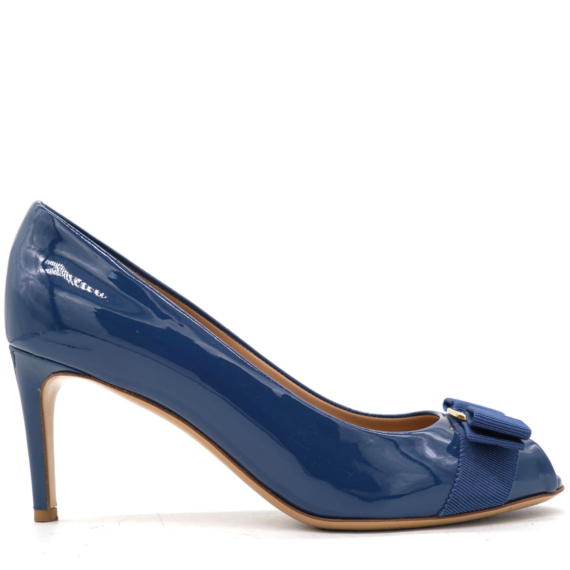 Ferragamo Blue Patent Leather Vara Bow Peep Toe Pumps 7 – STYLISHTOP