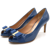 Blue Patent Leather Vara Bow Peep Toe Pumps 7