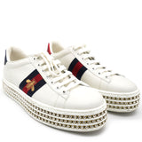 White Leather And Bee Web Detail New Ace Crystal Embellished Platform Sneakers 37