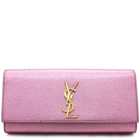 Mettalic Textured Leather Classic Monogram Kate Clutch Pink