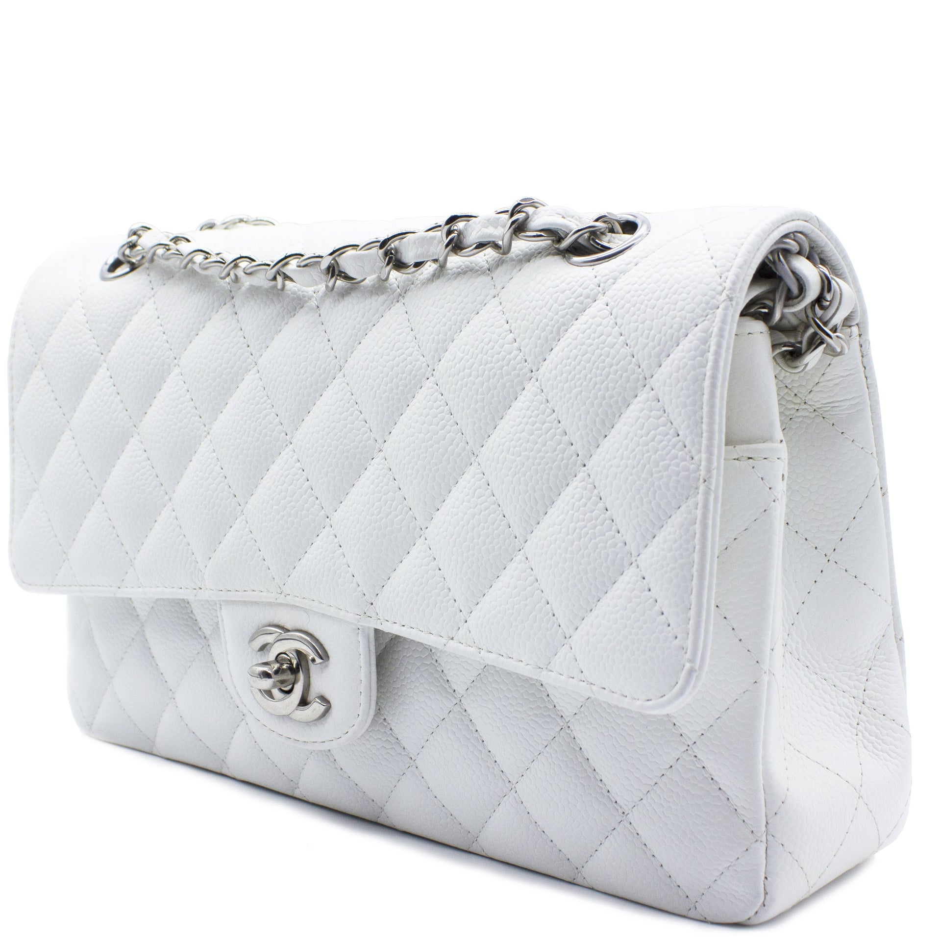 White Quilted Caviar Leather Classic Double Flap Bag