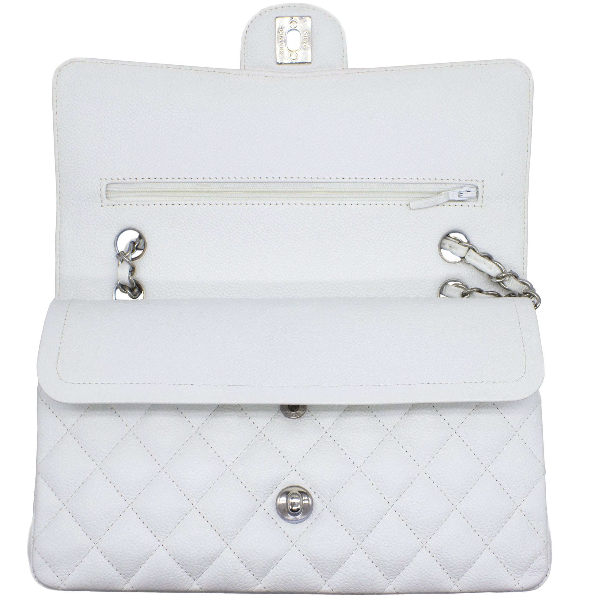 White Quilted Caviar Leather Classic Double Flap Bag