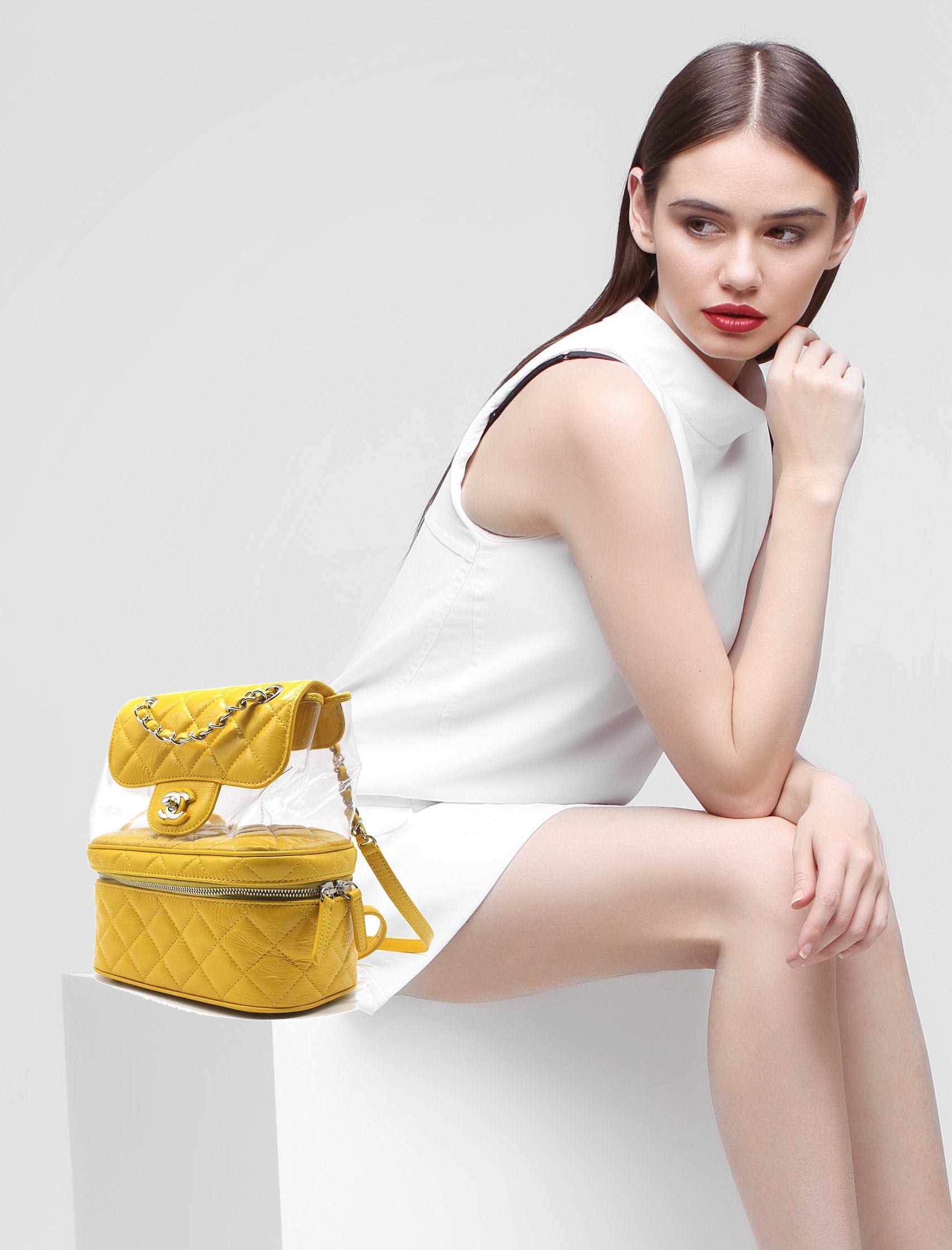 Chanel Classic Flap Crumpled Vanity and Resin Yellow Leather Pvc